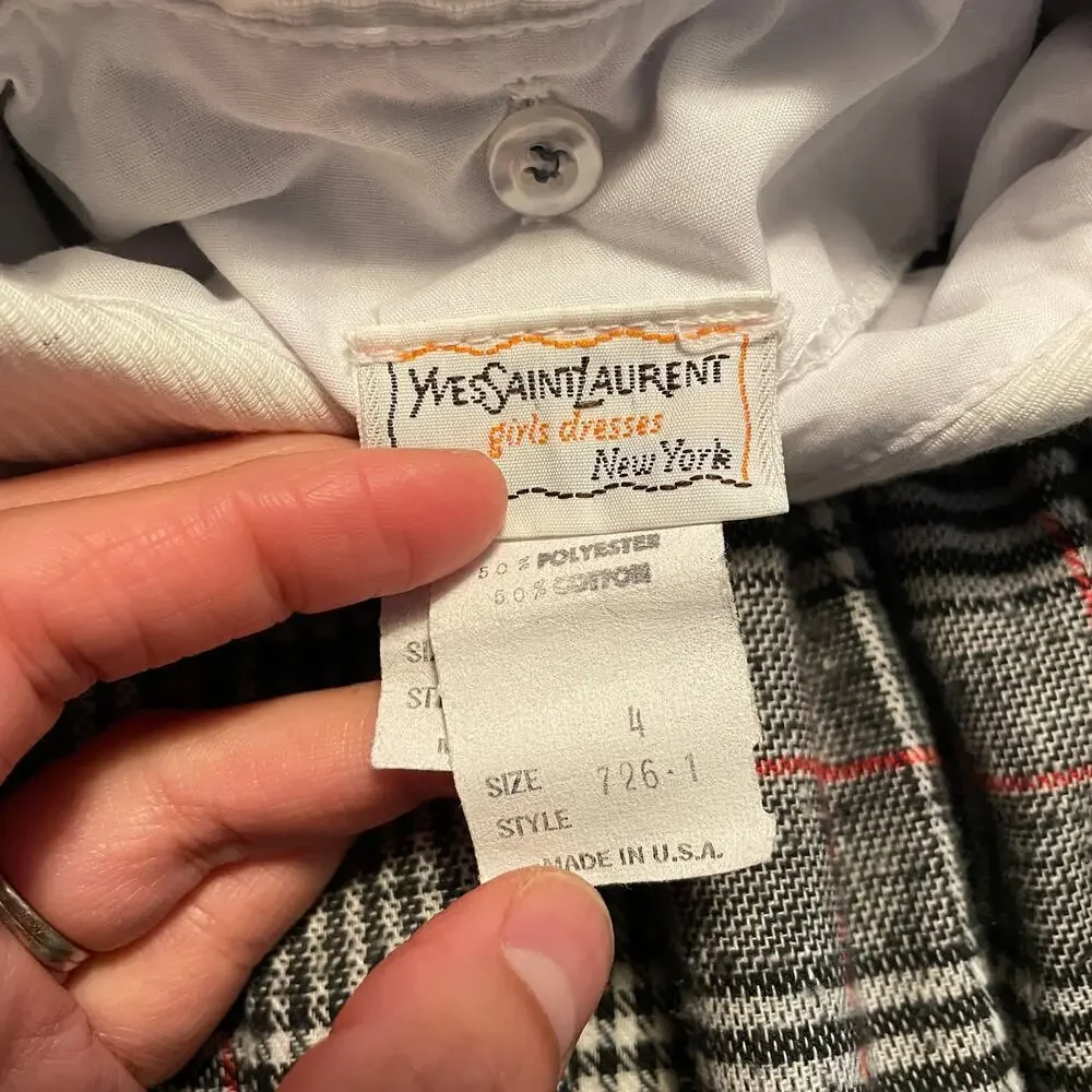 Vintage YSL Yves Saint Laurent Girls Dress 4 Long Sleeve Plaid Velvet Gray Black
